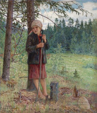 Nikolay Petrovich Bogdanov Belsky Painting - Girl in a Wood Nikolay Bogdanov Belsky